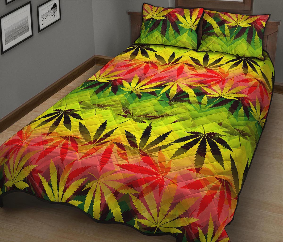 Hemp Leaf Reggae Pattern Print Quilt Bed Set