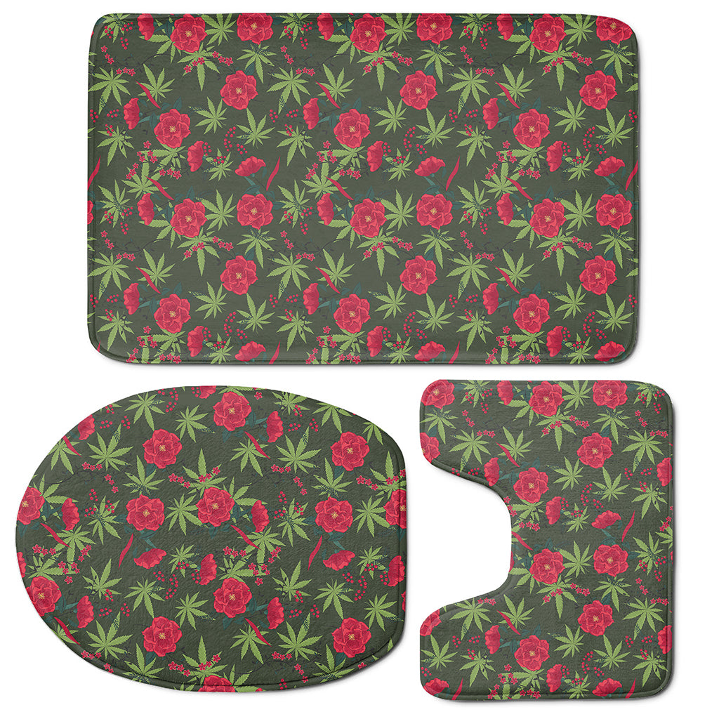 Hemp Leaves And Flowers Pattern Print 3 Piece Bath Mat Set