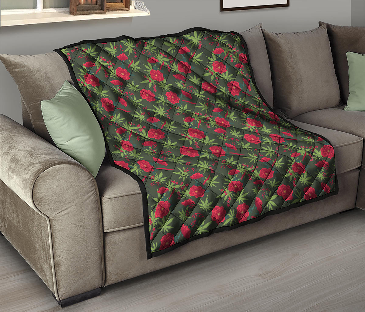 Hemp Leaves And Flowers Pattern Print Quilt