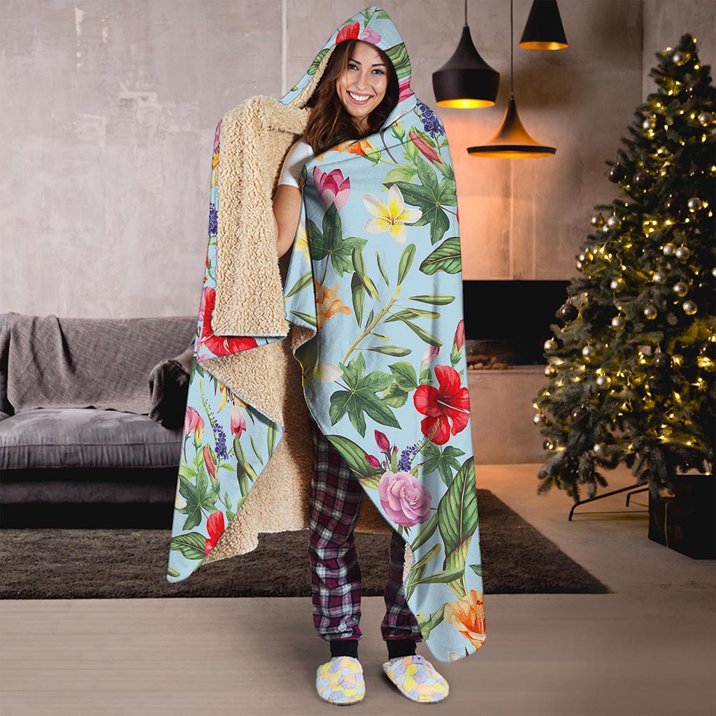 Hibiscus Flower Floral Pattern Print Hooded Blanket