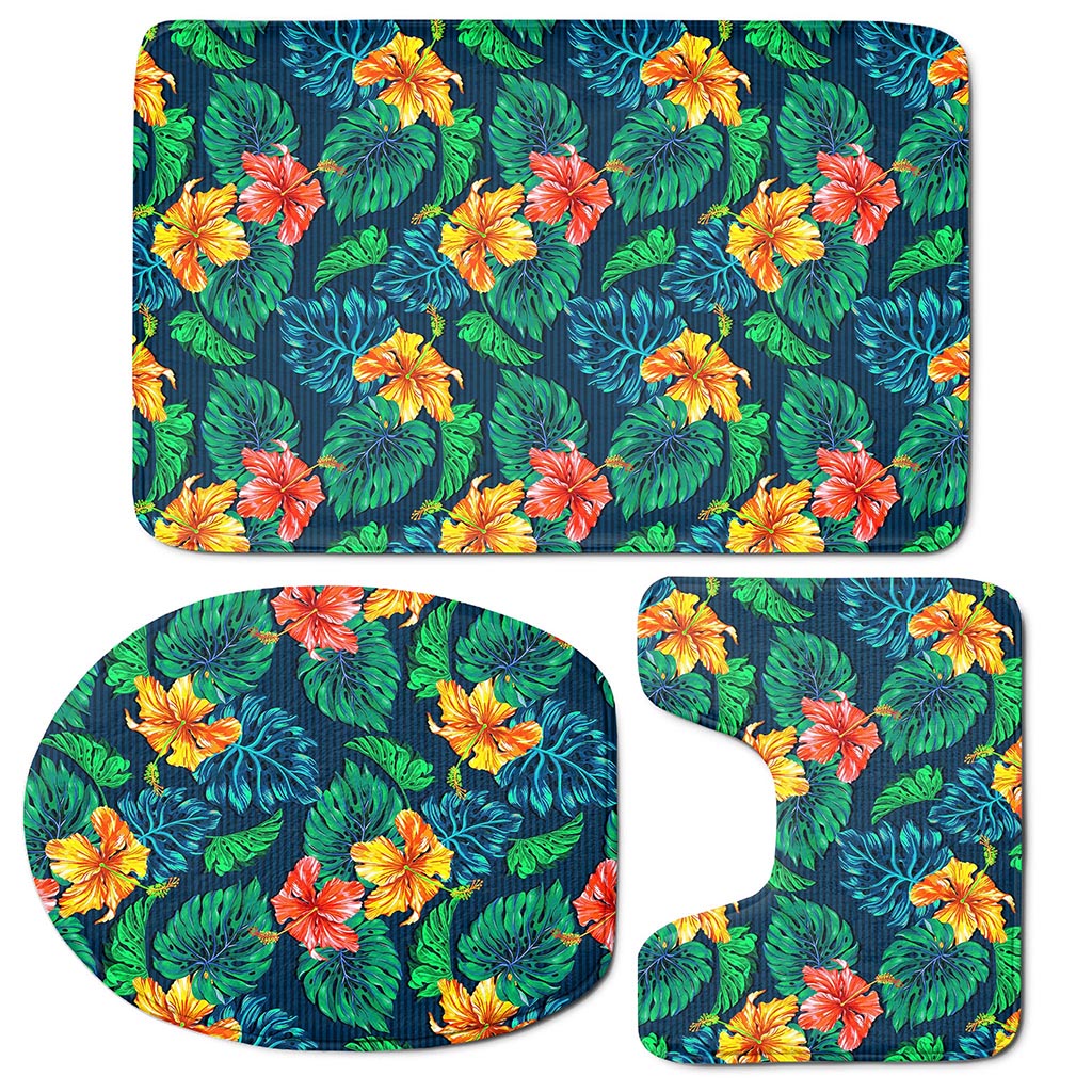 Hibiscus Monstera Hawaii Pattern Print 3 Piece Bath Mat Set