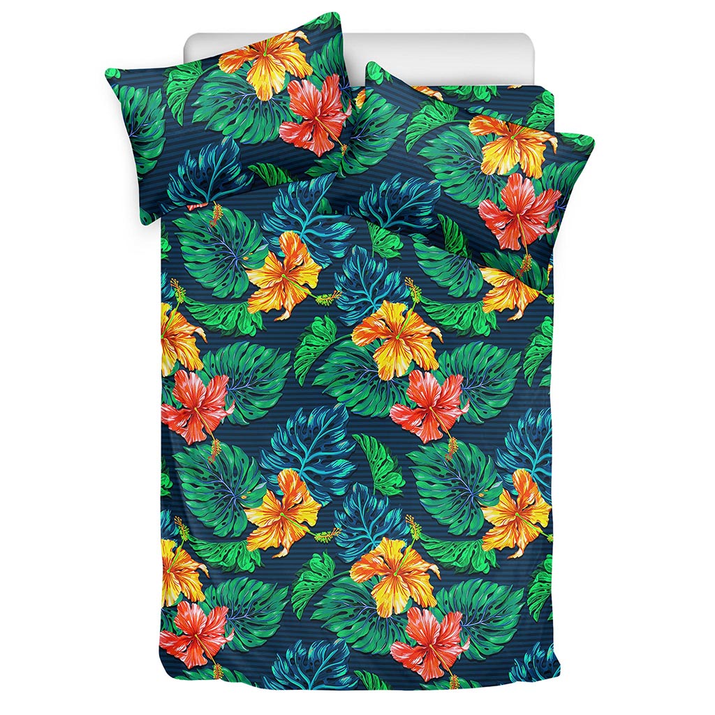 Hibiscus Monstera Hawaii Pattern Print Duvet Cover Bedding Set