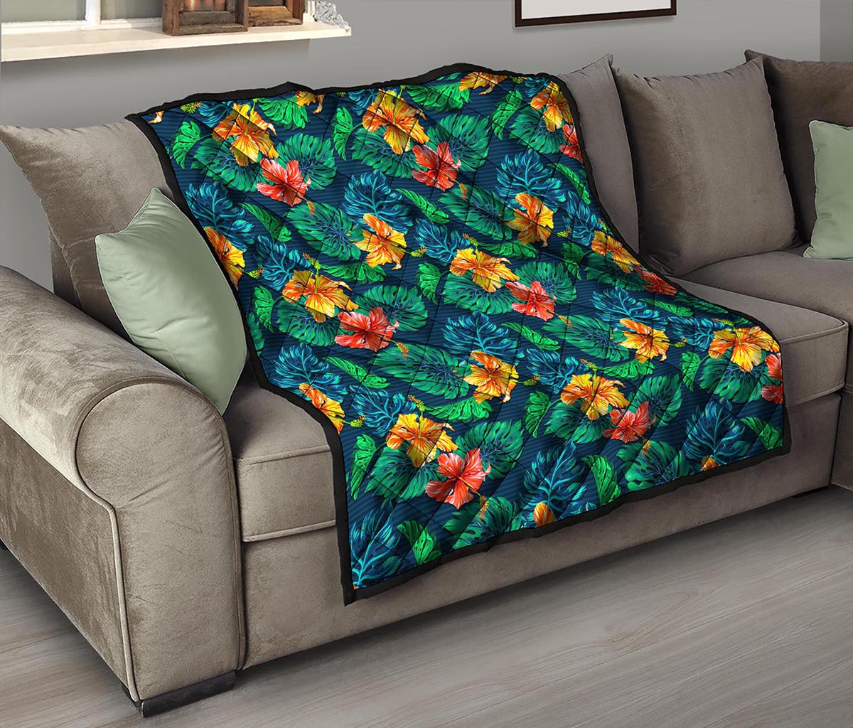 Hibiscus Monstera Hawaii Pattern Print Quilt