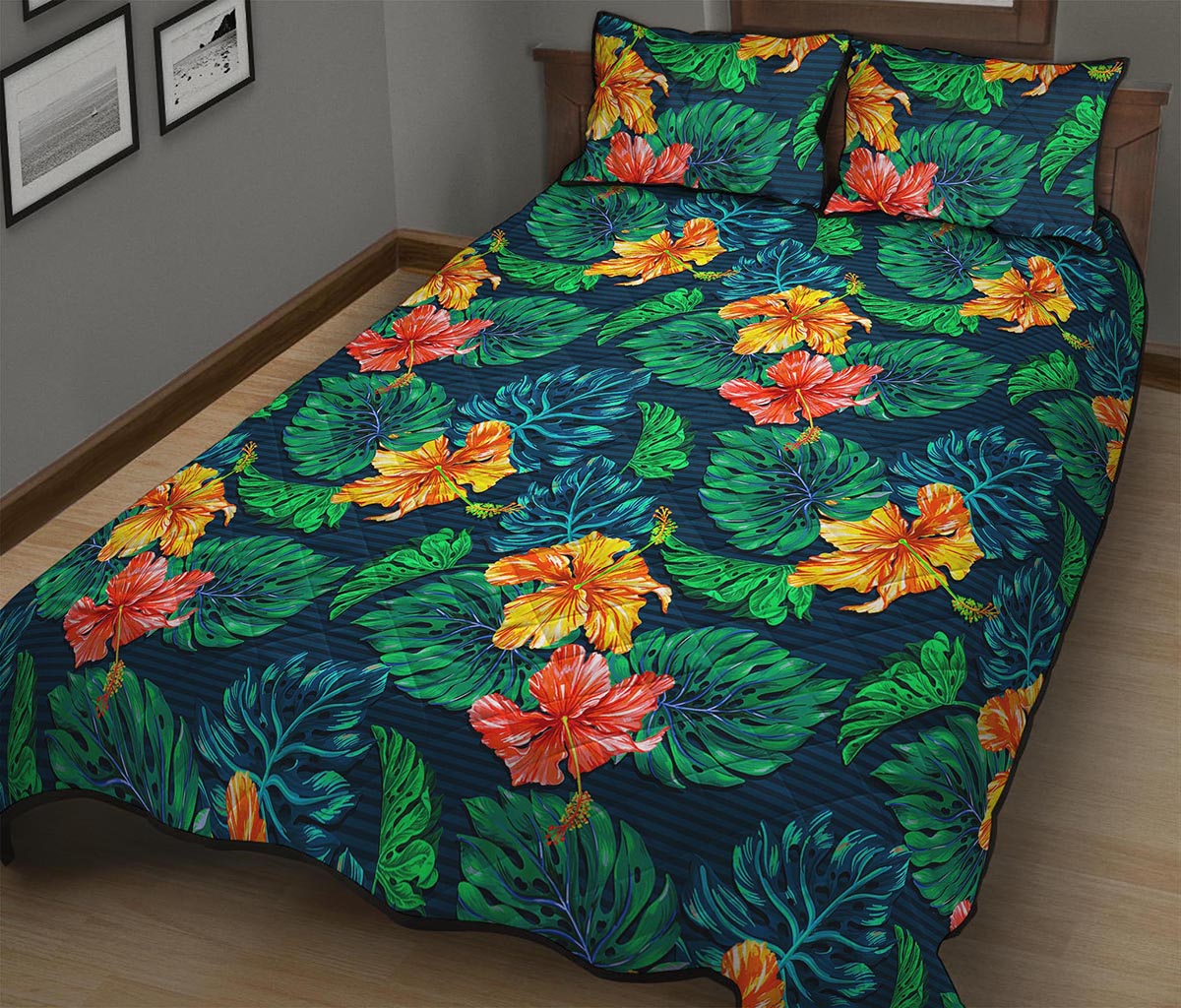 Hibiscus Monstera Hawaii Pattern Print Quilt Bed Set