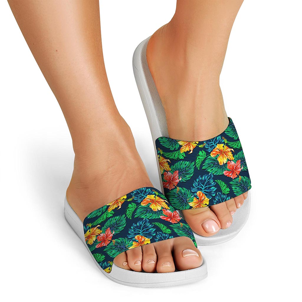 Hibiscus Monstera Hawaii Pattern Print White Slide Sandals