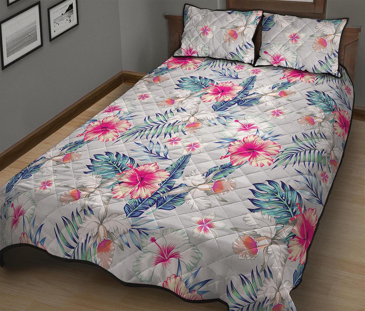 Hibiscus Orchids Hawaii Pattern Print Quilt Bed Set