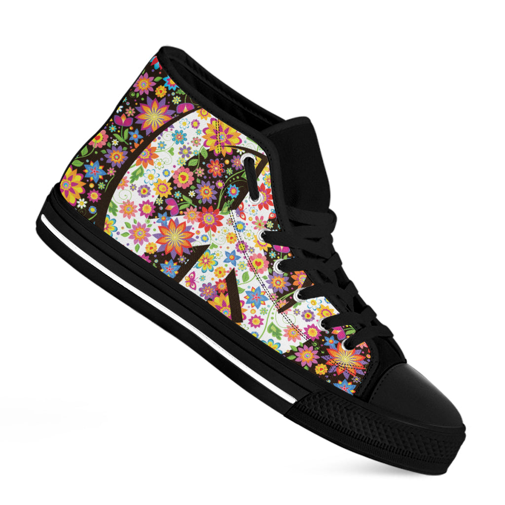 Hippie Flower Peace Sign Print Black High Top Shoes