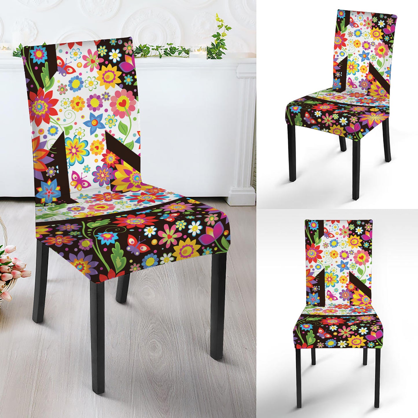 Hippie Flower Peace Sign Print Dining Chair Slipcover