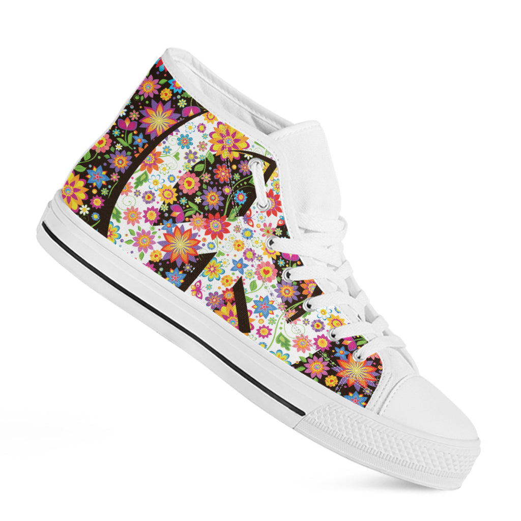 Hippie Flower Peace Sign Print White High Top Shoes