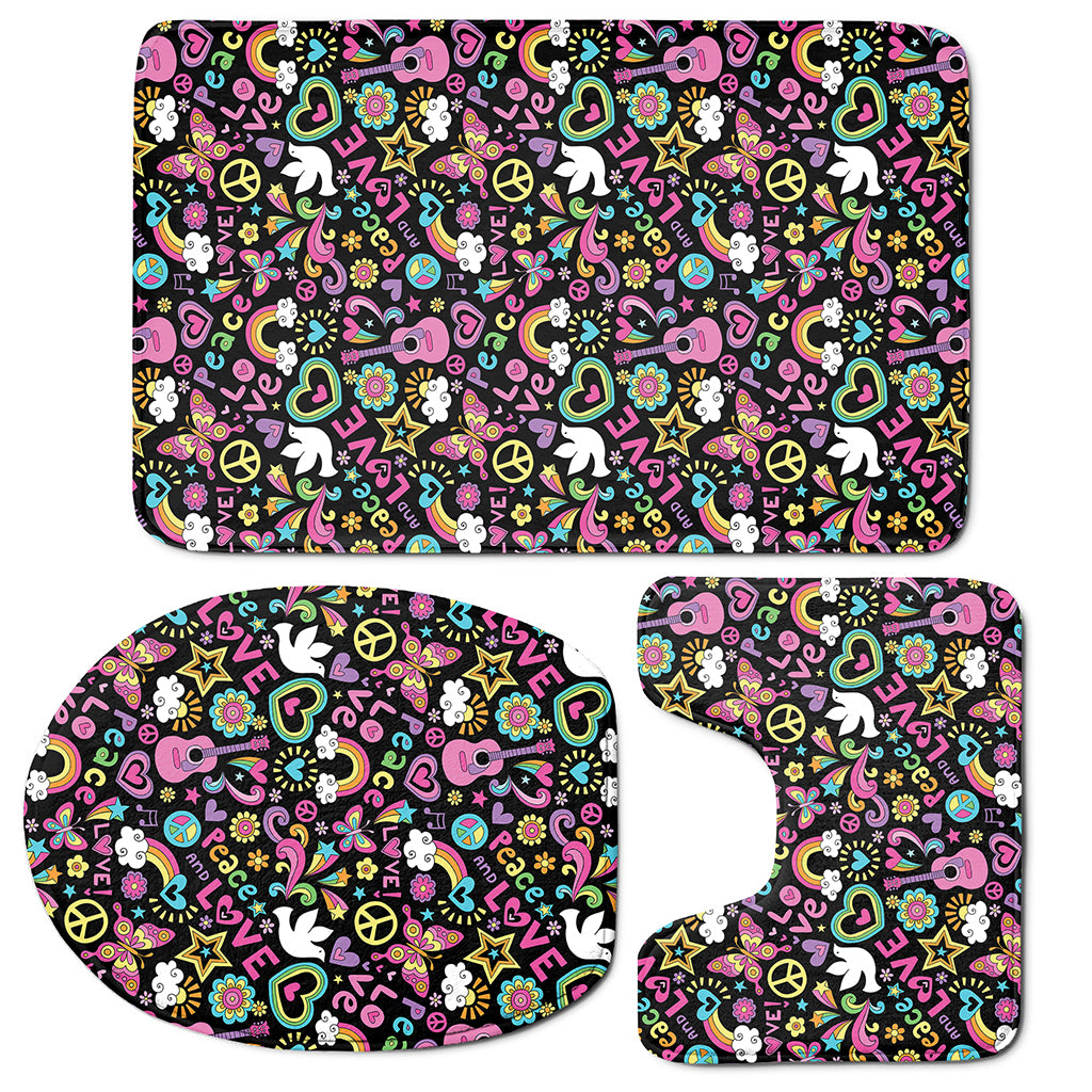 Hippie Peace Sign And Love Pattern Print 3 Piece Bath Mat Set
