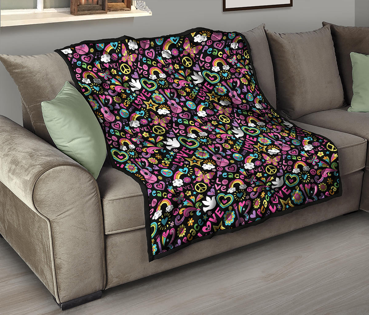 Hippie Peace Sign And Love Pattern Print Quilt