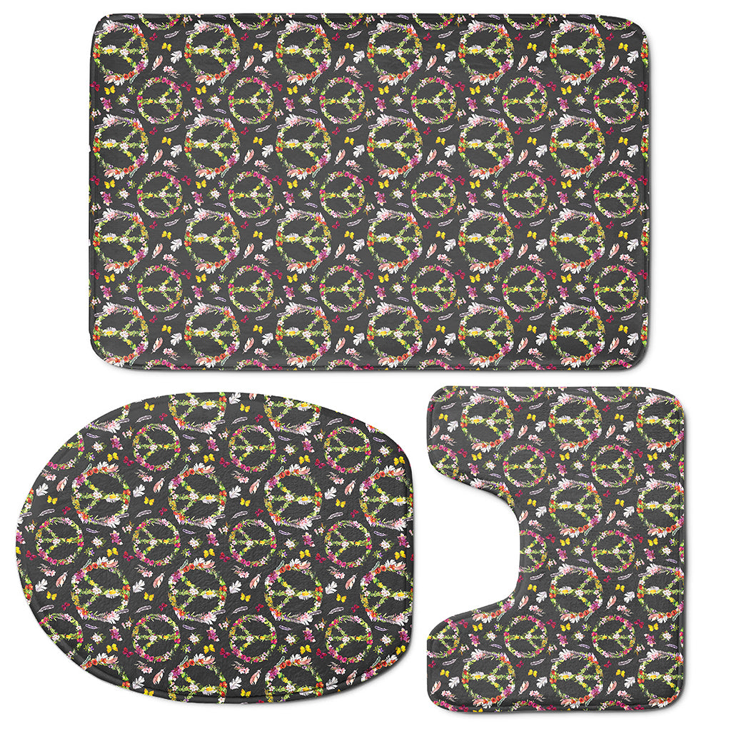 Hippie Peace Sign Flower Pattern Print 3 Piece Bath Mat Set
