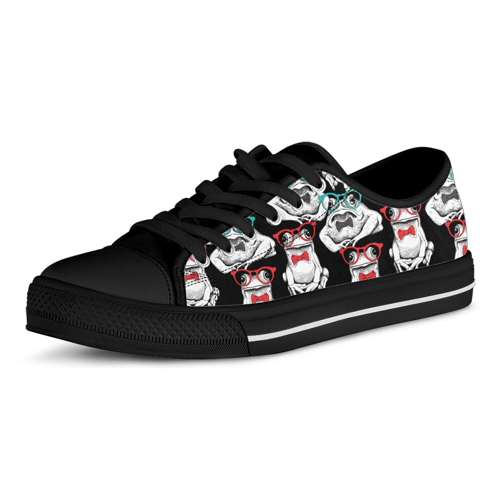 Hipster Frog Pattern Print Black Low Top Shoes