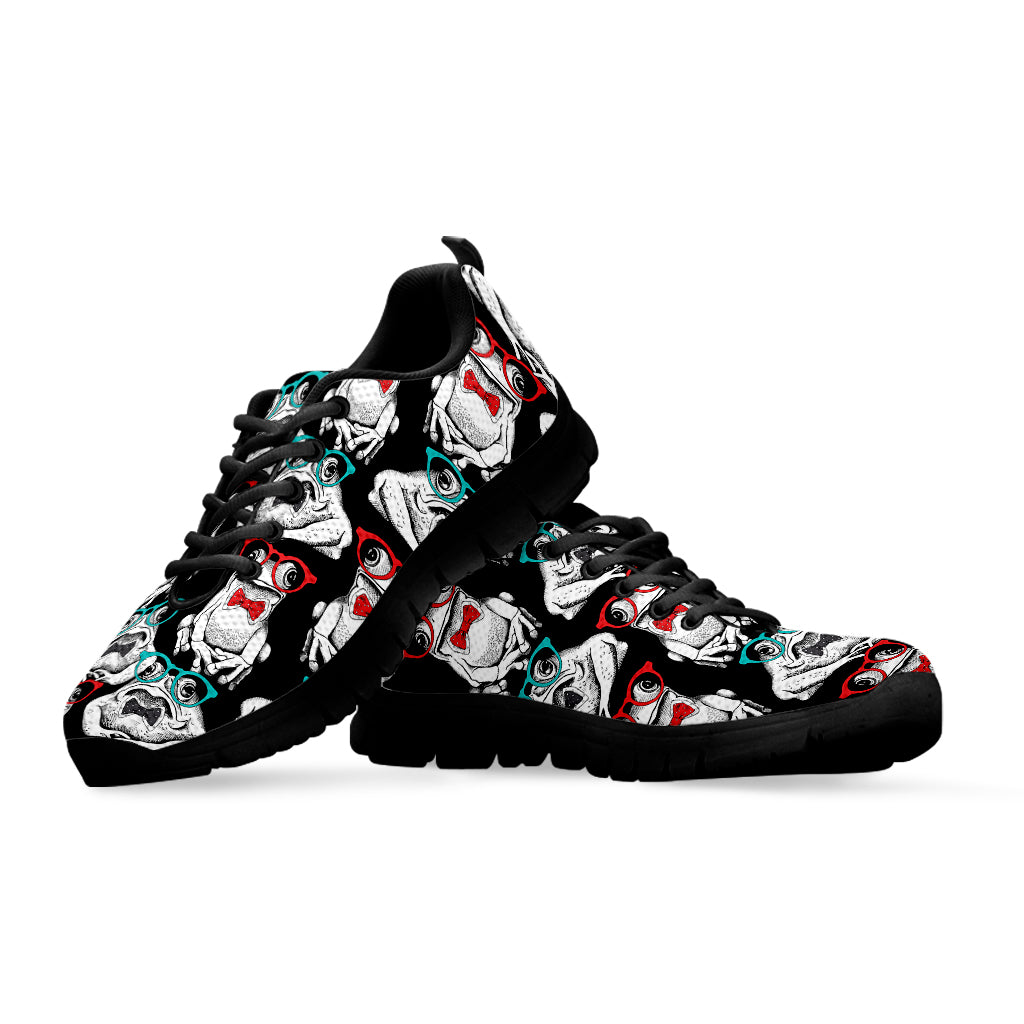 Hipster Frog Pattern Print Black Sneakers