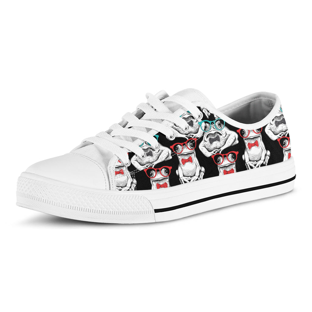 Hipster Frog Pattern Print White Low Top Shoes