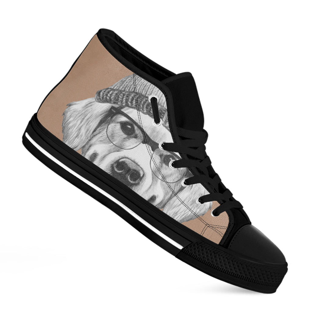 Hipster Golden Retriever Print Black High Top Shoes
