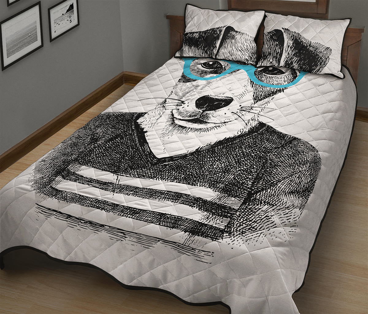 Hipster Jack Russell Terrier Print Quilt Bed Set