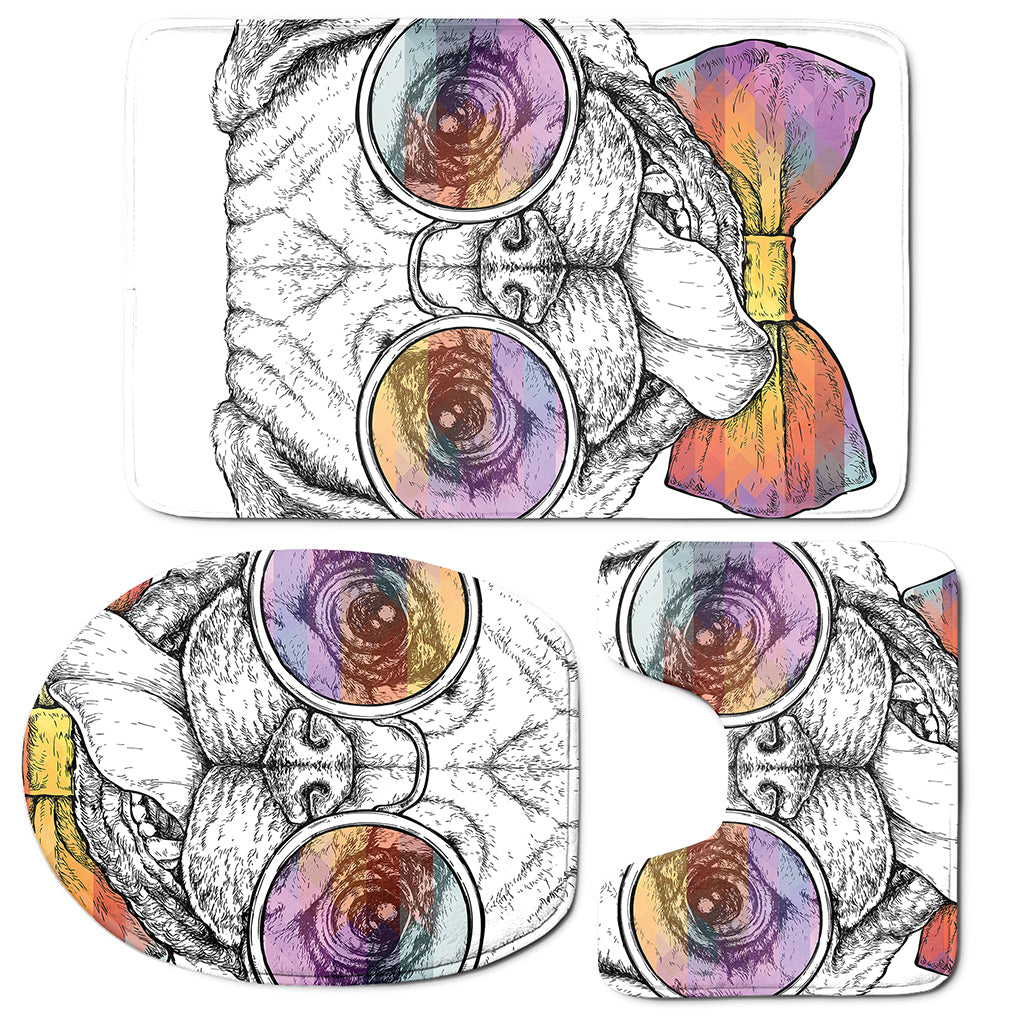 Hipster Pug Print 3 Piece Bath Mat Set