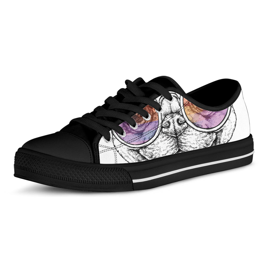 Hipster Pug Print Black Low Top Shoes
