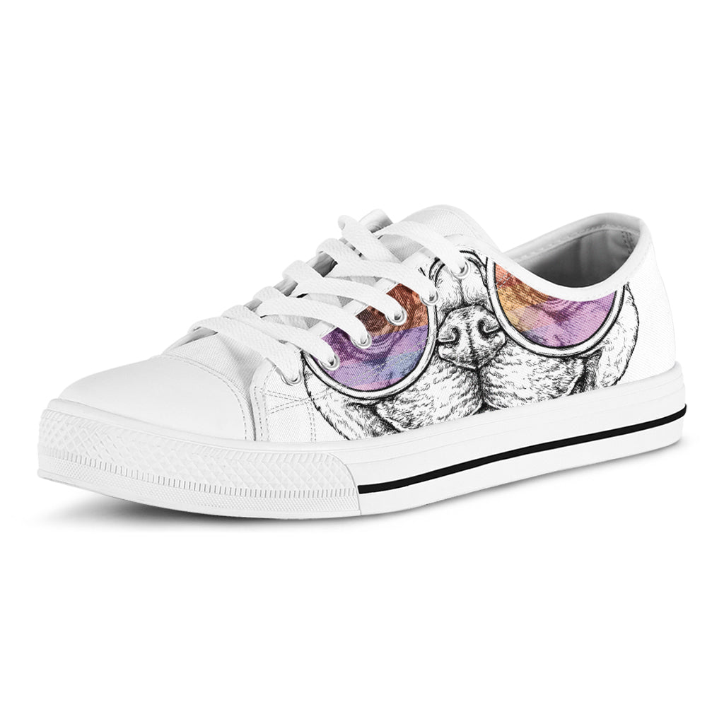 Hipster Pug Print White Low Top Shoes