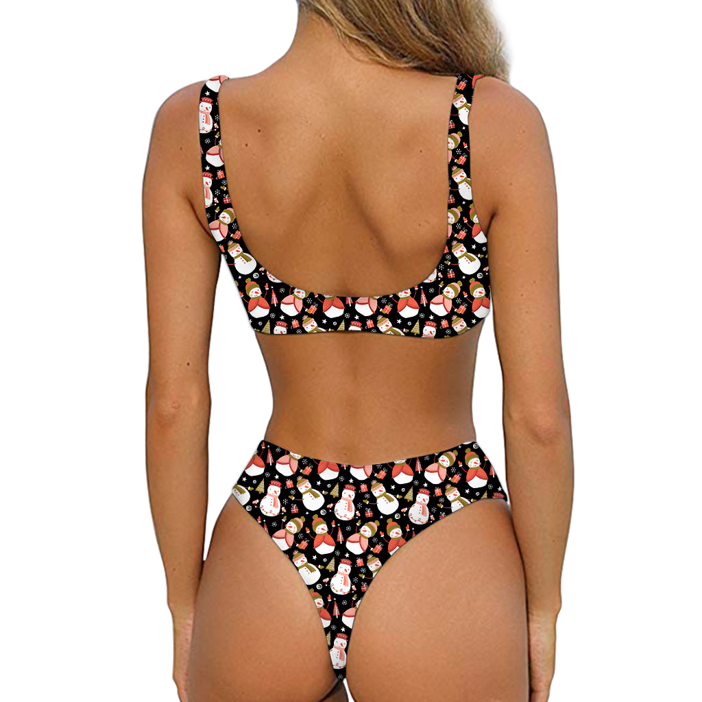 Holiday Snowman Pattern Print Front Bow Tie Bikini