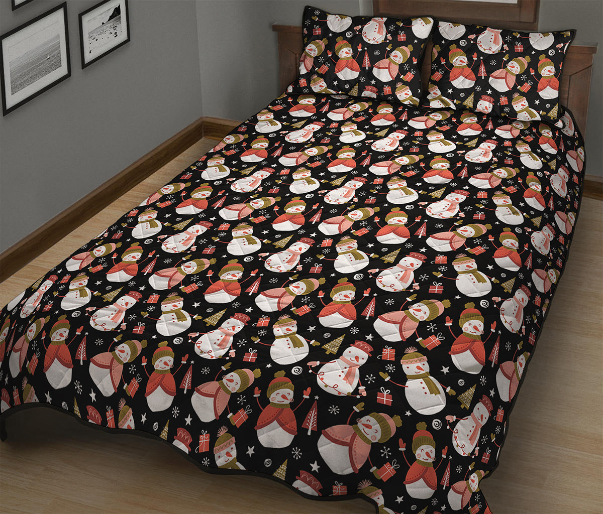 Holiday Snowman Pattern Print Quilt Bed Set