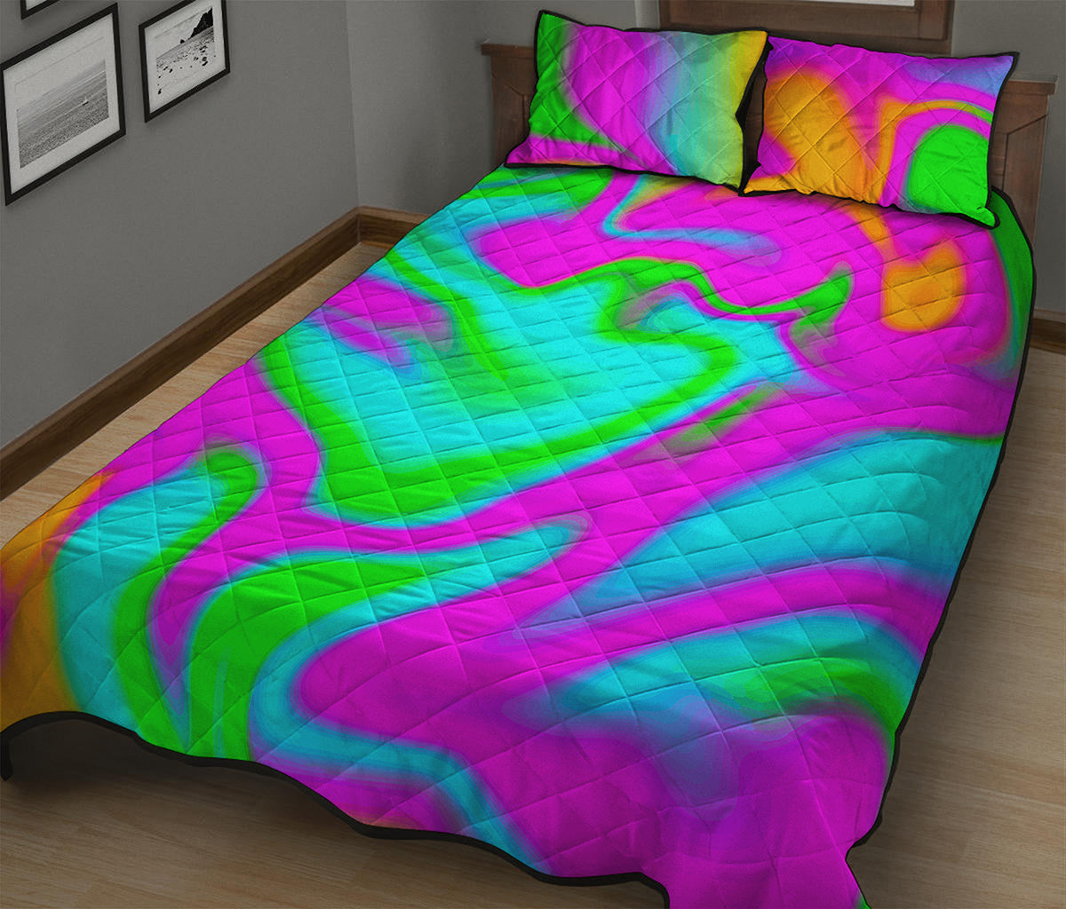 Holographic Neon Liquid Trippy Print Quilt Bed Set