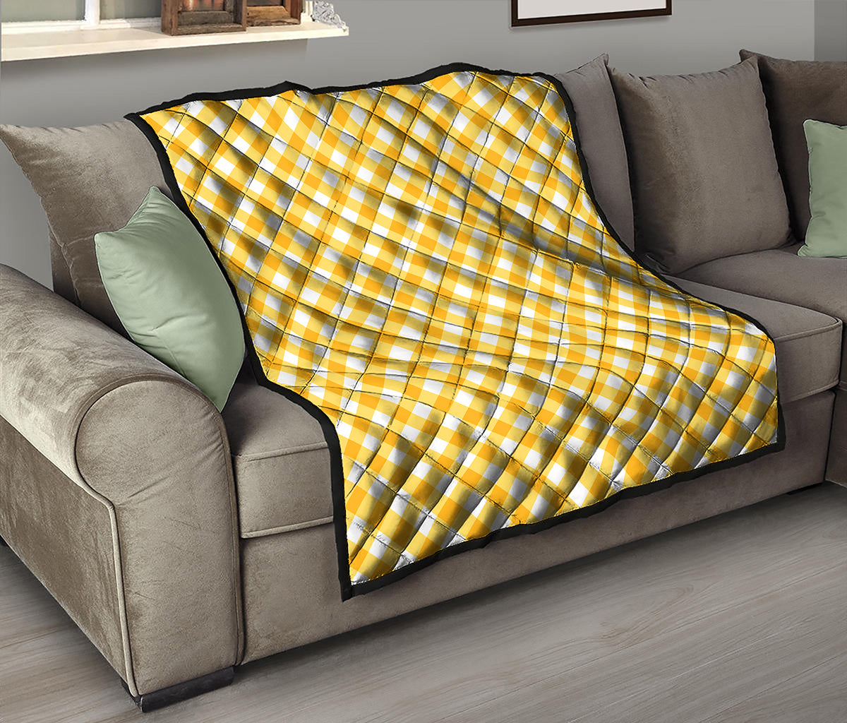 Honey Yellow And White Gingham Print Quilt