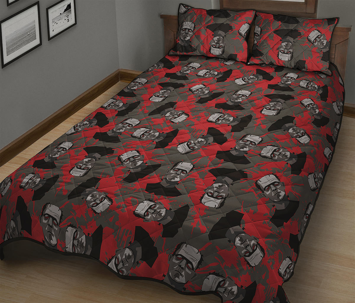 Horror Frankenstein Pattern Print Quilt Bed Set