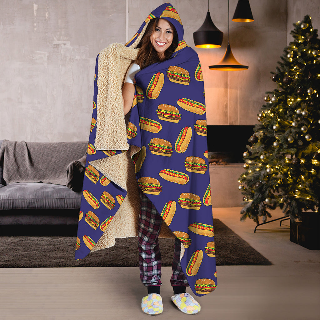 Hot Dog And Hamburger Pattern Print Hooded Blanket