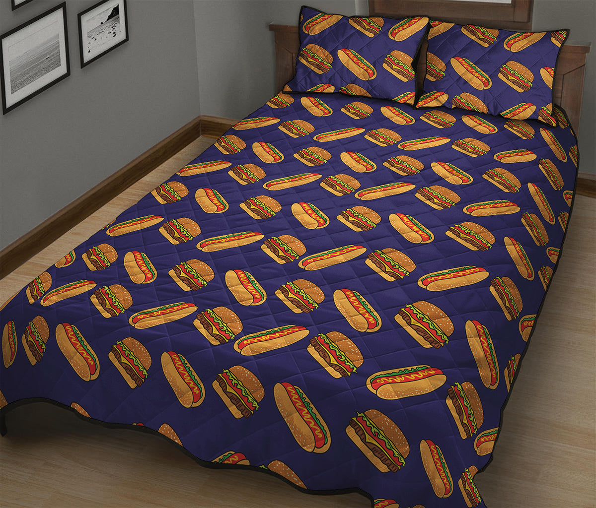 Hot Dog And Hamburger Pattern Print Quilt Bed Set
