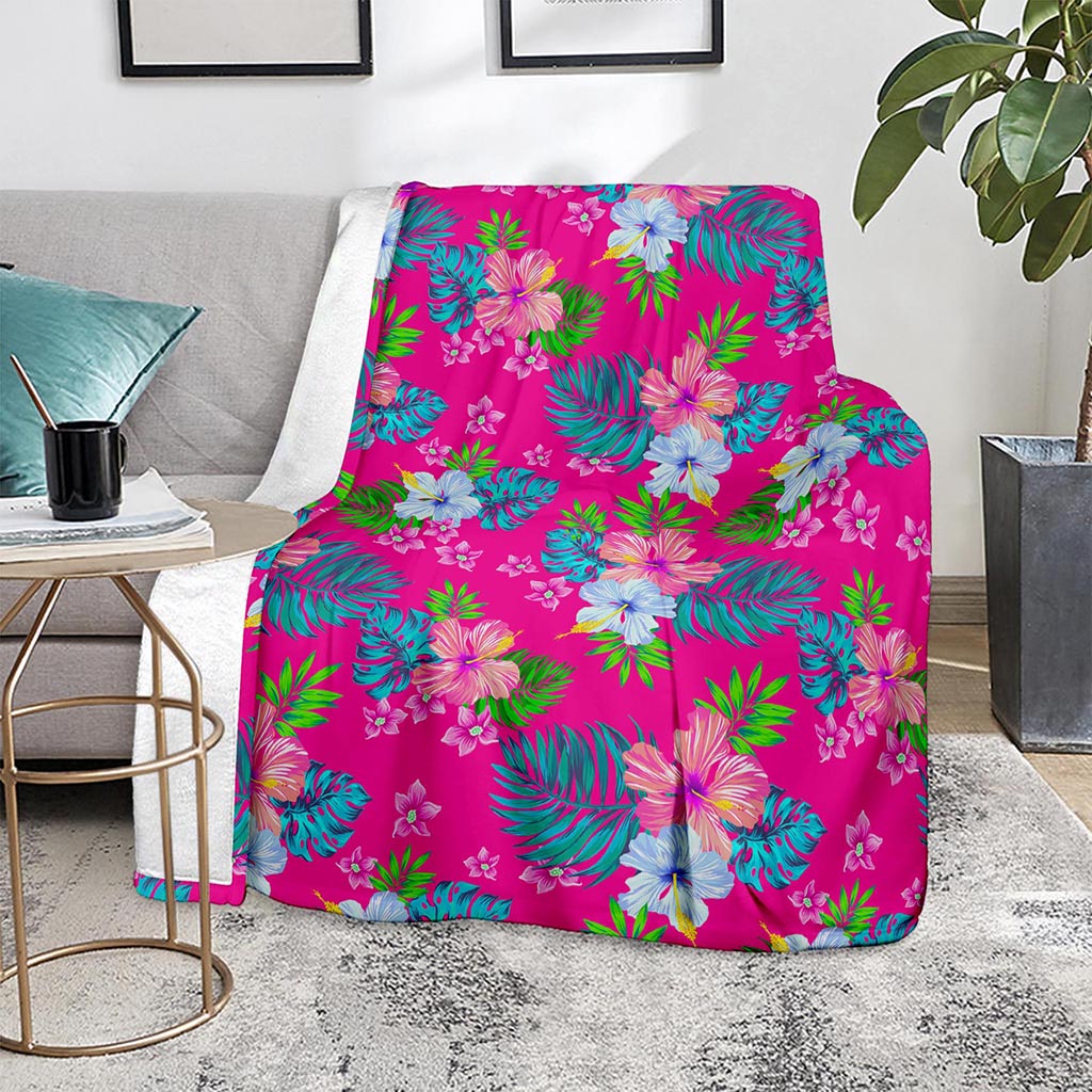 Hot Pink Aloha Hibiscus Pattern Print Blanket