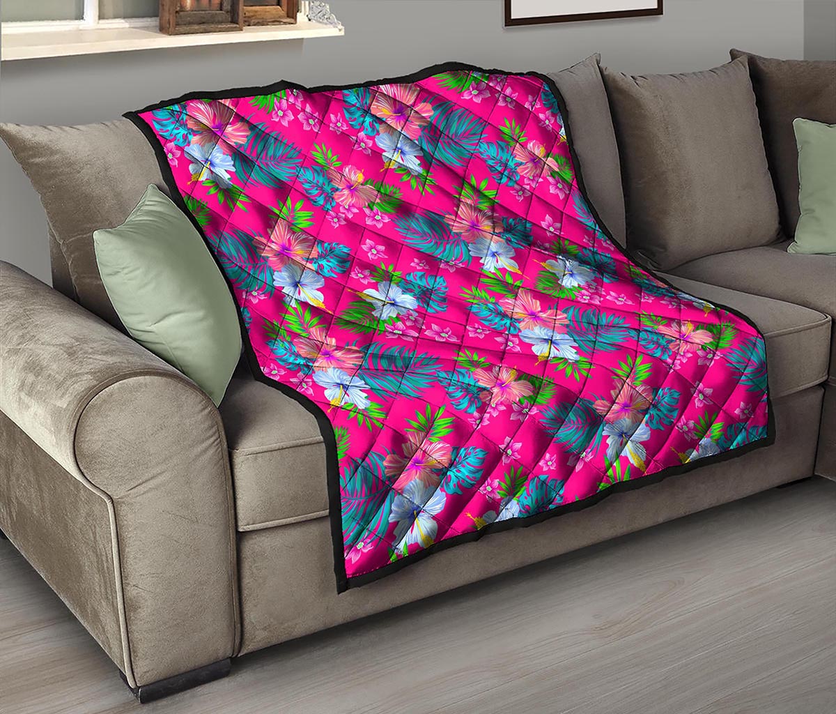 Hot Pink Aloha Hibiscus Pattern Print Quilt