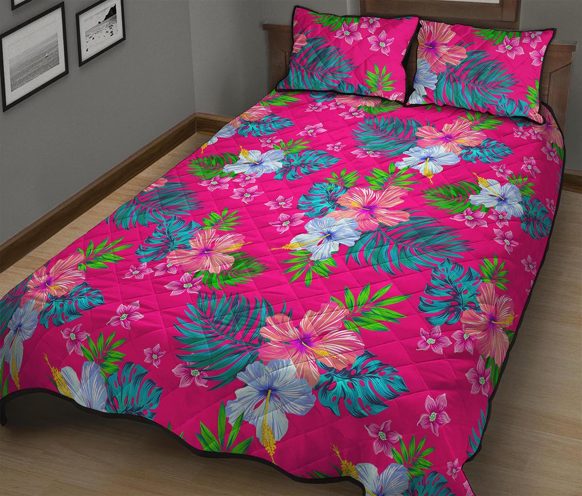 Hot Pink Aloha Hibiscus Pattern Print Quilt Bed Set