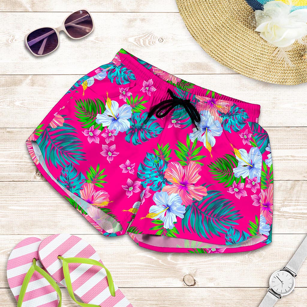 Hot Pink Aloha Hibiscus Pattern Print Women's Shorts