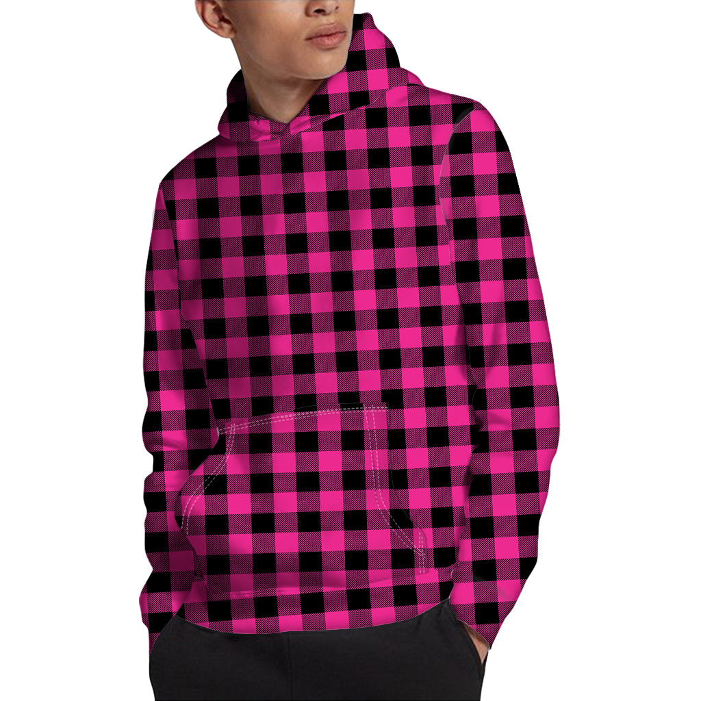 Hot Pink And Black Buffalo Check Print Pullover Hoodie