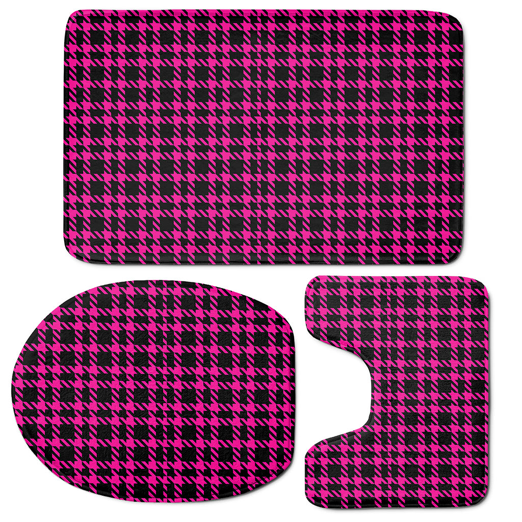 Hot Pink And Black Houndstooth Print 3 Piece Bath Mat Set