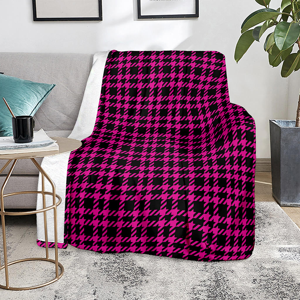 Hot Pink And Black Houndstooth Print Blanket