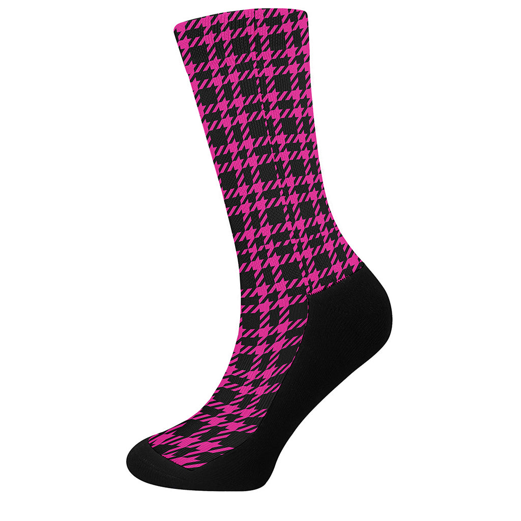 Hot Pink And Black Houndstooth Print Crew Socks