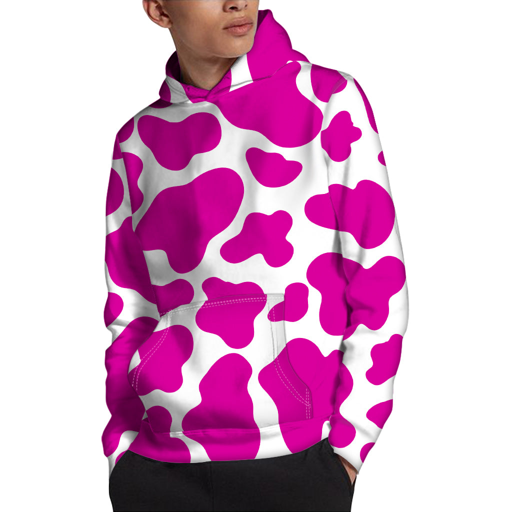 Hot Pink And White Cow Print Pullover Hoodie