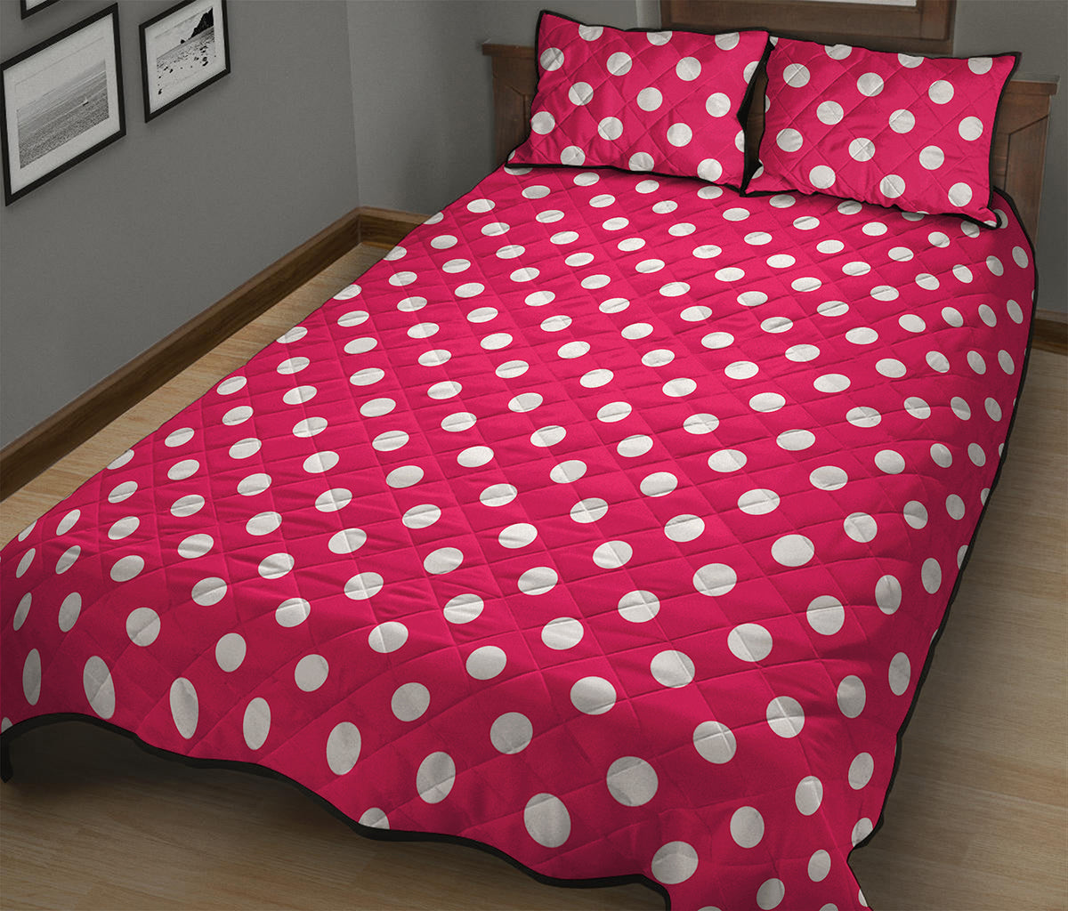 Hot Pink And White Polka Dot Print Quilt Bed Set