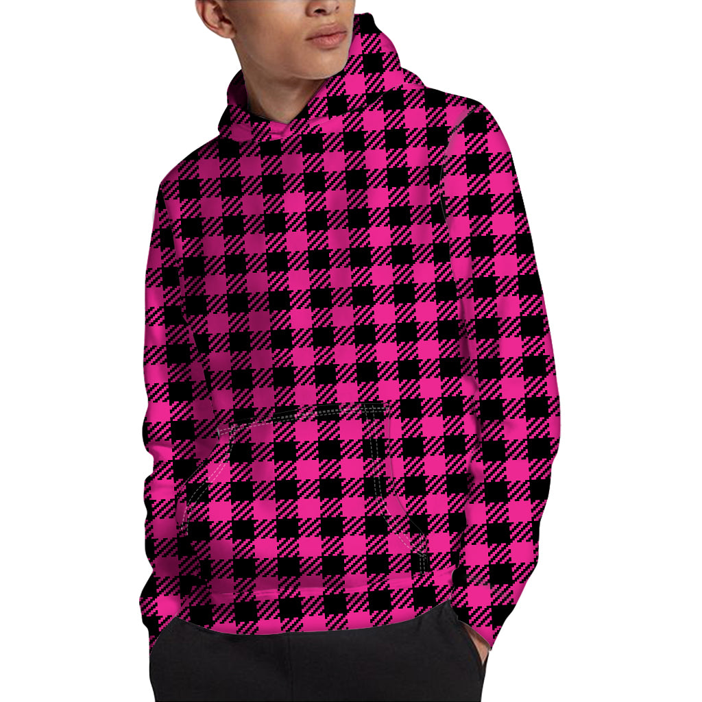 Hot Pink Buffalo Plaid Print Pullover Hoodie