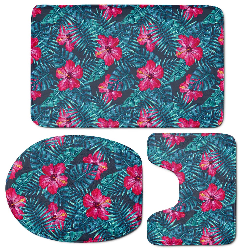 Hot Pink Hibiscus Tropical Pattern Print 3 Piece Bath Mat Set