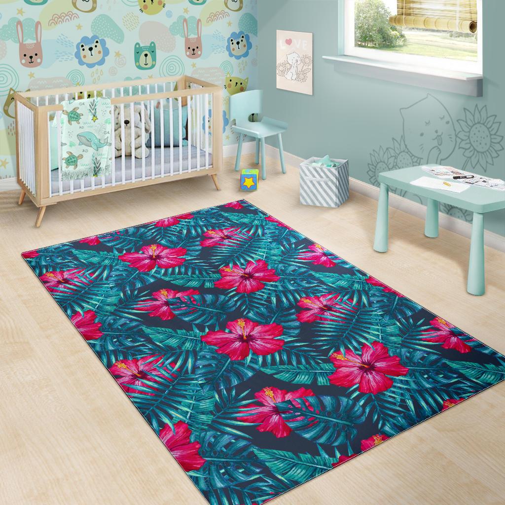 Hot Pink Hibiscus Tropical Pattern Print Area Rug GearFrost