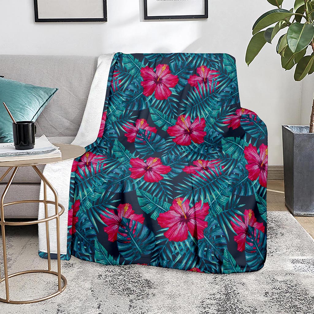 Hot Pink Hibiscus Tropical Pattern Print Blanket