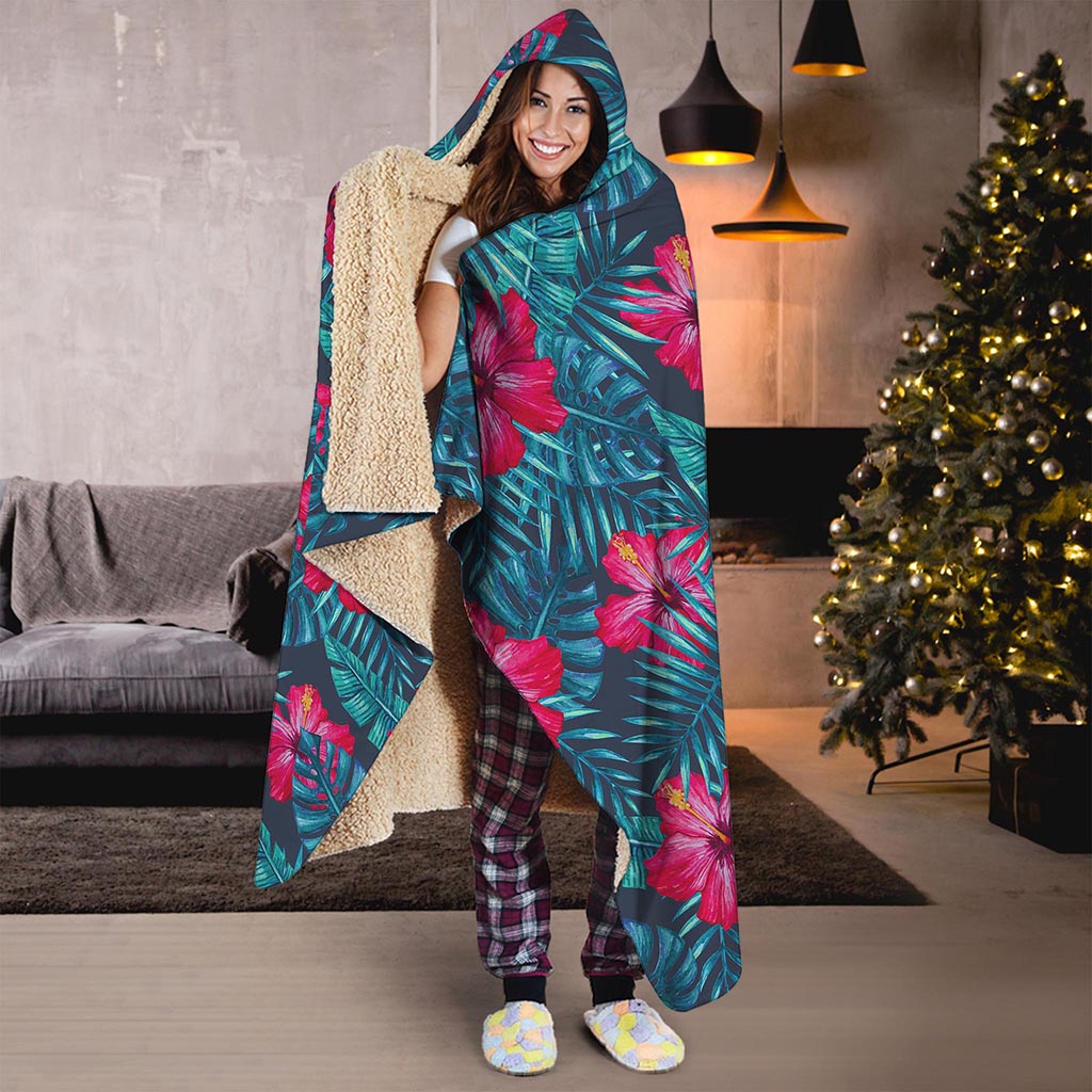 Hot Pink Hibiscus Tropical Pattern Print Hooded Blanket