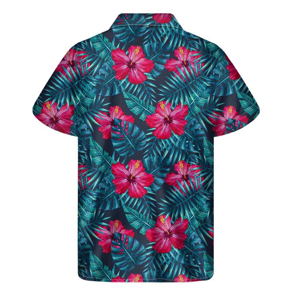 Hot Pink Hibiscus Tropical Pattern Print Men's Short Sleeve Shirt