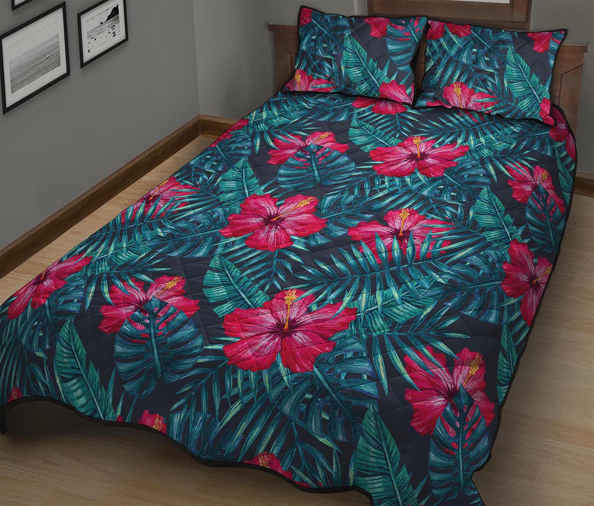 Hot Pink Hibiscus Tropical Pattern Print Quilt Bed Set