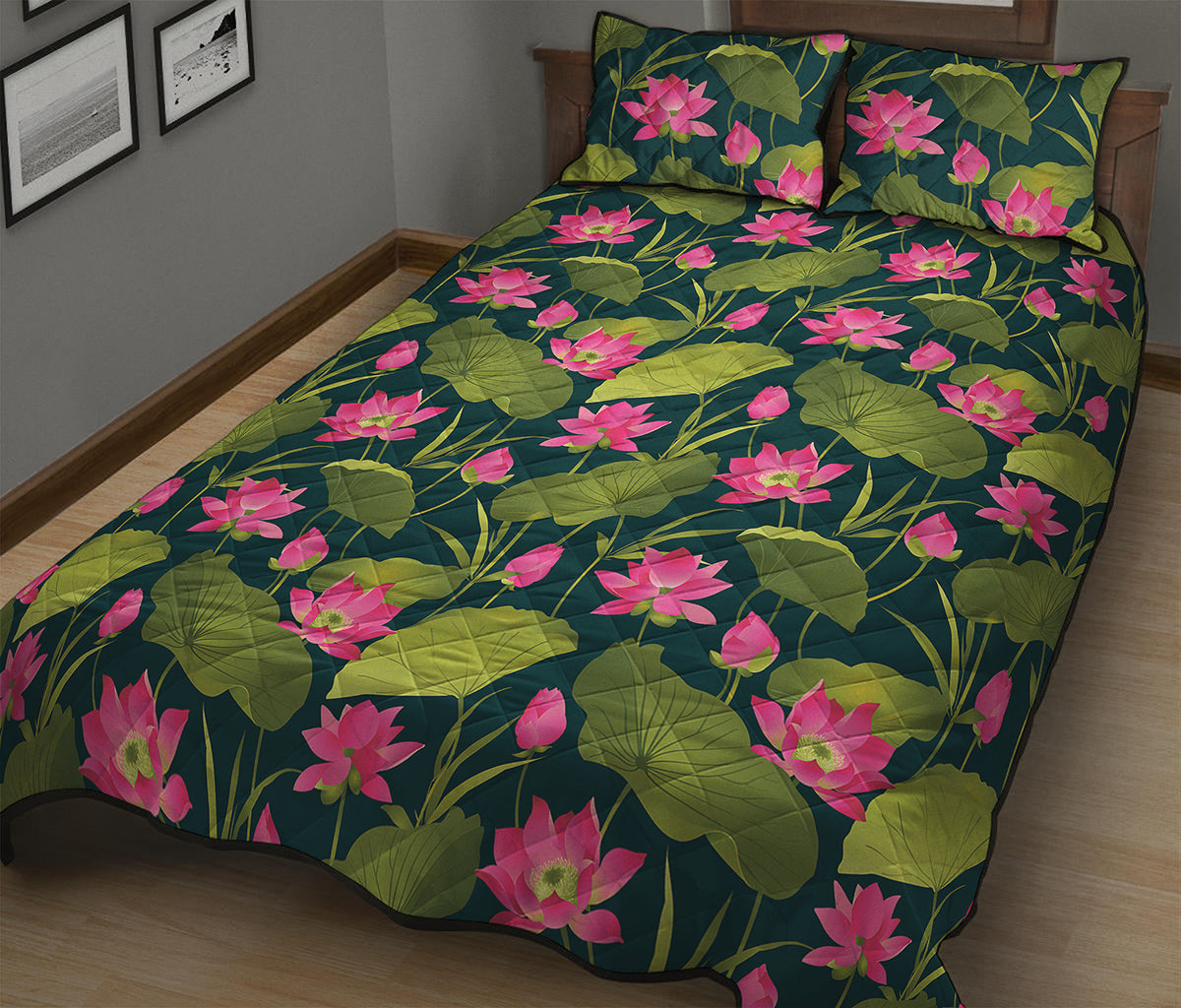 Hot Pink Lotus Pattern Print Quilt Bed Set