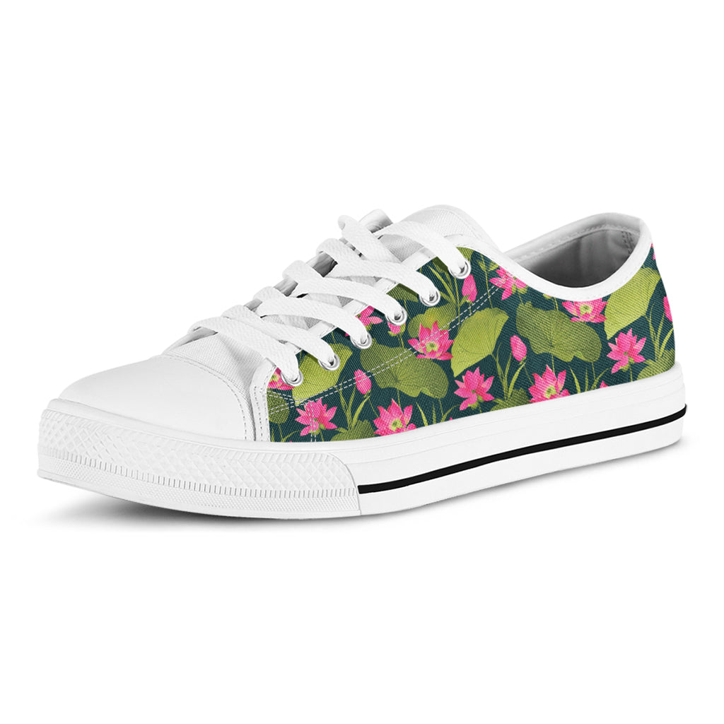 Hot Pink Lotus Pattern Print White Low Top Shoes